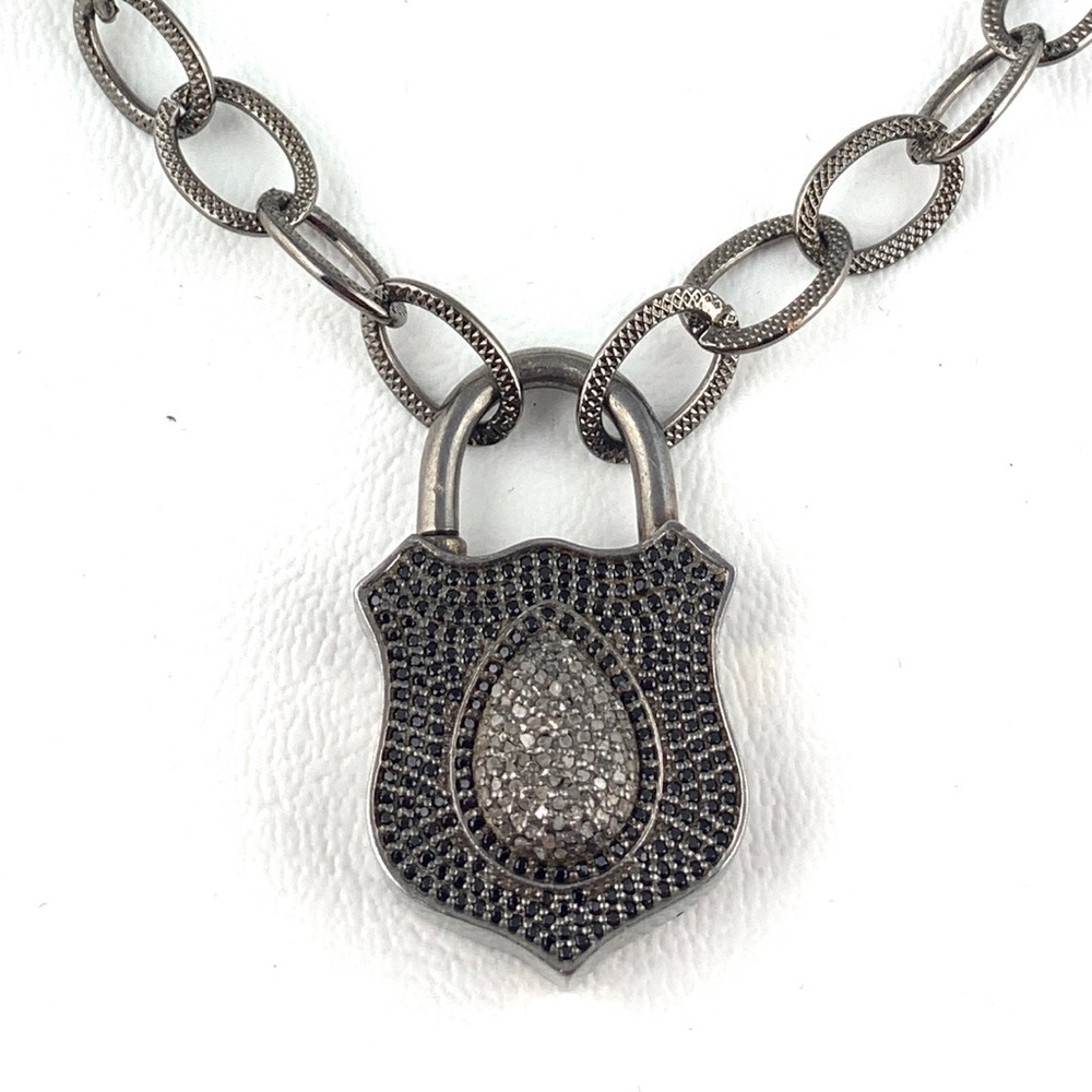 Pave diamond w black spinel stone locket necklace